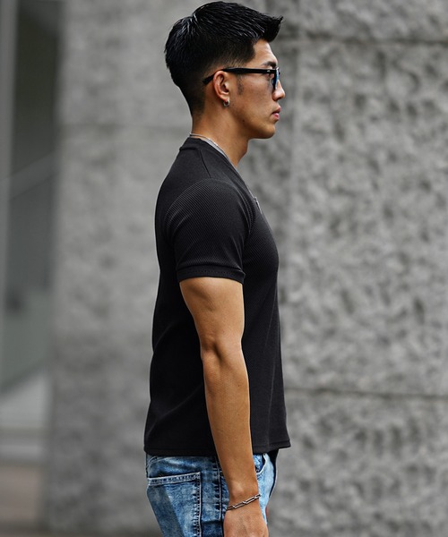 SOMEDIFF】カルゼVネック半袖Tシャツ メンズ タイトシルエット t
