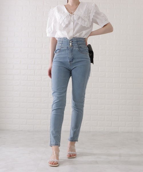 Lace Ladies(レースレディース)の「ハイウエスト3ボタンストレッチスキニーパンツ(その他パンツ・レディース・ネイビー/ライトブルー/ダークグレー/ブラック・29/30/26/27)」の19枚目の写真