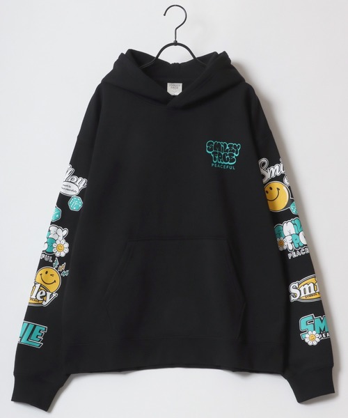 SMILEY FACE(スマイリーフェイス)の「SMILEY FACE/スマイリーフェイス オーバーサイズ 裏起毛 袖プリント バックプリント ロゴ ワンポイント スウェット パーカー/長袖 トップス プルオーバー/レディース メンズ(パーカー・レディース・スミクロ/アッシュグレー/グレー系その他/グレー/ブルー/ブラック/ネイビー/ブラック系その他・L/LL/M)」の9枚目の写真
