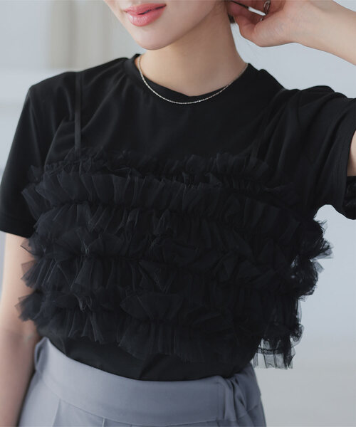 KOBE LETTUCE(コウベレタス)の「ベーシックTシャツ×チュールビスチェSET(シャツ/ブラウス・レディース・ブラック×ブラック/ホワイト系その他/ホワイト系その他2・M)」の3枚目の写真