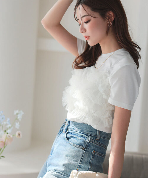 KOBE LETTUCE(コウベレタス)の「ベーシックTシャツ×チュールビスチェSET(シャツ/ブラウス・レディース・ブラック×ブラック/ホワイト系その他/ホワイト系その他2・M)」の2枚目の写真