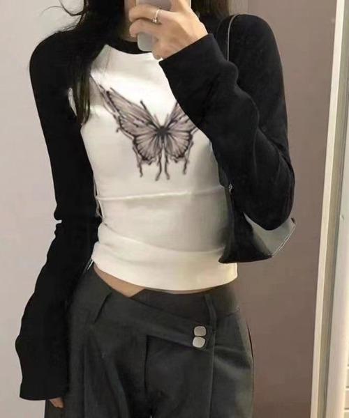 セール】バタフライプリントラグランスリーブTシャツ（Tシャツ