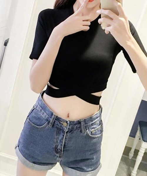 Miniministore(ミニミニストア)の「へそ出し トップス レディース 半袖(Tシャツ/カットソー・レディース・ホワイト/ブラック・FREE)」の7枚目の写真