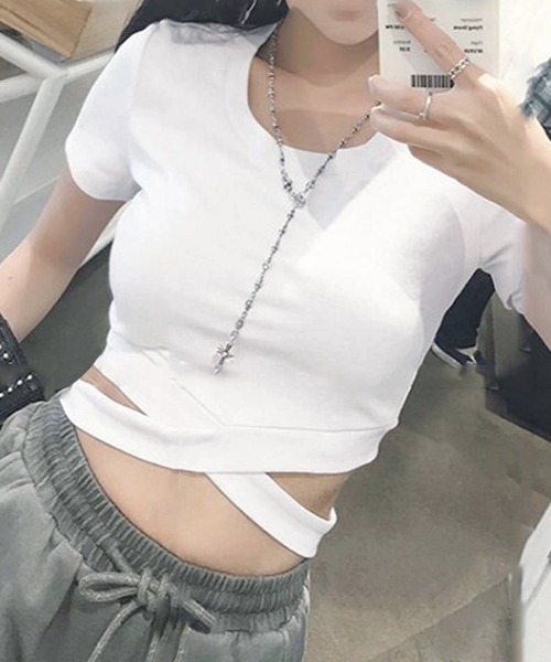 Miniministore(ミニミニストア)の「へそ出し トップス レディース 半袖(Tシャツ/カットソー・レディース・ホワイト/ブラック・FREE)」の8枚目の写真
