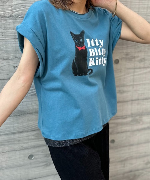 mi via loca（ミヴィアロカ）の「ターンバックCATロゴTシャツ（Tシャツ/カットソー・レディース・ライム/アイボリー/グレイッシュブルー・FREE）」の19枚目の写真