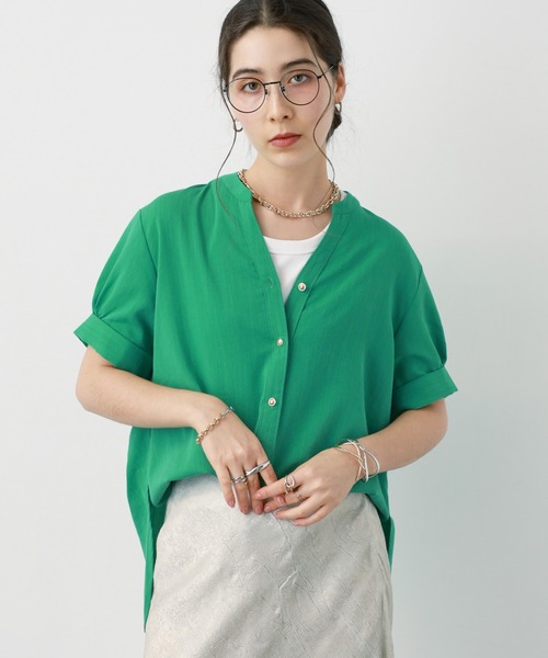 saloon（サルーン）の「SALOON(サルーン)/《新色登場》麻調合繊ブラウス【手洗い可】半袖（シャツ/ブラウス・レディース・ホワイト/グリーン/ブラック/ブルー/クリアグリーン・FREE）」の4枚目の写真