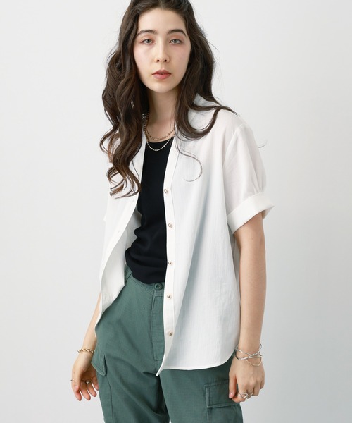 saloon（サルーン）の「SALOON(サルーン)/《新色登場》麻調合繊ブラウス【手洗い可】半袖（シャツ/ブラウス・レディース・ホワイト/グリーン/ブラック/ブルー/クリアグリーン・FREE）」の10枚目の写真