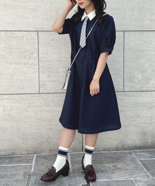 F i.n.t（フィント）の「マルチストライプネクタイ付きシャツワンピース/fint（シャツワンピース・レディース・ライトブルー/ピンクベージュ/ネイビー×ホワイト・FREE）」の2枚目の写真