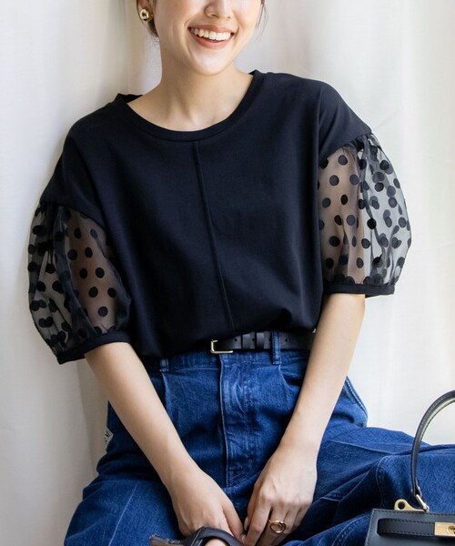 ロージーモンスター　ロゴドット　オーガンジーチュールカットソー　ネイビードット rienda | ストレッチチュールカットトップス (Tシャツ・カットソー