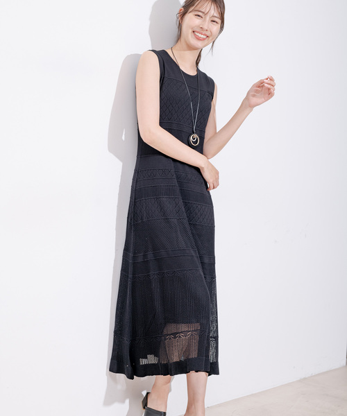 Jayro(ジャイロ)の「透かし編みノースリーブワンピース(インナー付き)(ワンピース・レディース・ライトグリーン/ブラック/ベージュ・M)」の4枚目の写真