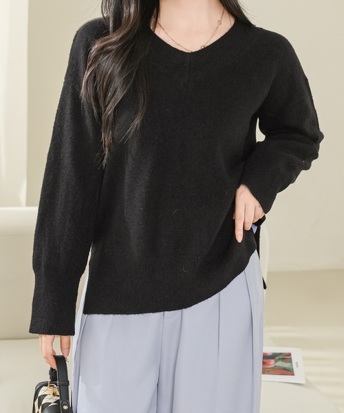 Lace Ladies(レースレディース)の「ソリッドカラー Vネック 長袖 ニット プルオーバー(ニット/セーター・レディース・ベージュ/ネイビー/ブラウン/グレー/アイボリー/ブラック・FREE)」の1枚目の写真