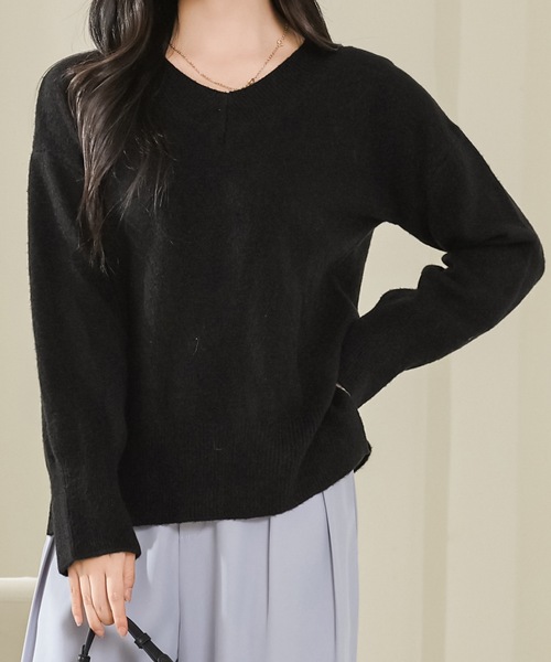 Lace Ladies(レースレディース)の「ソリッドカラー Vネック 長袖 ニット プルオーバー(ニット/セーター・レディース・ベージュ/ネイビー/ブラウン/グレー/アイボリー/ブラック・FREE)」の8枚目の写真