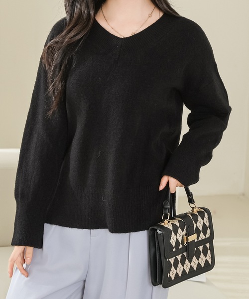 Lace Ladies(レースレディース)の「ソリッドカラー Vネック 長袖 ニット プルオーバー(ニット/セーター・レディース・ベージュ/ネイビー/ブラウン/グレー/アイボリー/ブラック・FREE)」の9枚目の写真