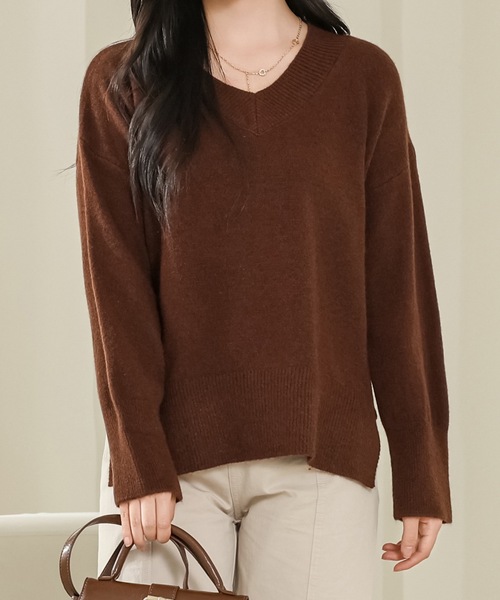 Lace Ladies(レースレディース)の「ソリッドカラー Vネック 長袖 ニット プルオーバー(ニット/セーター・レディース・ベージュ/ネイビー/ブラウン/グレー/アイボリー/ブラック・FREE)」の12枚目の写真
