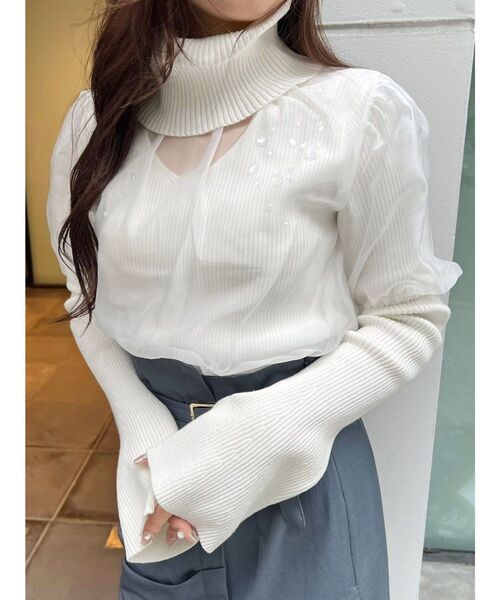 MERCURYDUO（マーキュリーデュオ）の「異素材ドッキングシアーキラキラニット（ニット/セーター・レディース・ブラック/パープル/オフホワイト・FREE）」の4枚目の写真