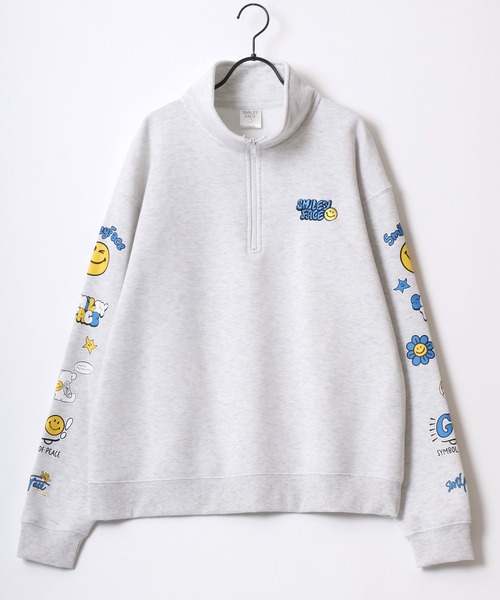 SMILEY FACE(スマイリーフェイス)の「SMILEY FACE/スマイリーフェイス オーバーサイズ 裏起毛 袖プリント ロゴ ワンポイント刺繍 ハーフジップ スウェット トレーナー/レディース メンズ(スウェット・レディース・ブラック/グレー系その他/ブラック系その他2/アッシュグレー/ブラック系その他/ブラック系その他3/スミクロ/グレー系その他2/ネイビー・M/L/LL)」の17枚目の写真