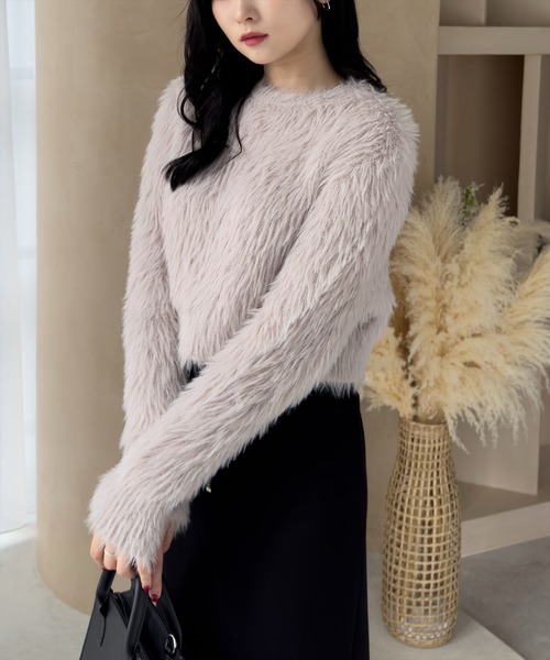 clear（クリア）の「ロングフェザー丸首ニットトップス［大人 カジュアル 着回し力抜群］≪再入荷≫（ニット/セーター・レディース・サックスブルー/ブラック/アイボリー/ラベンダー/モカ/ピンク/レッド/ブラック系その他/グレー/グレイッシュベージュ・F）」の7枚目の写真