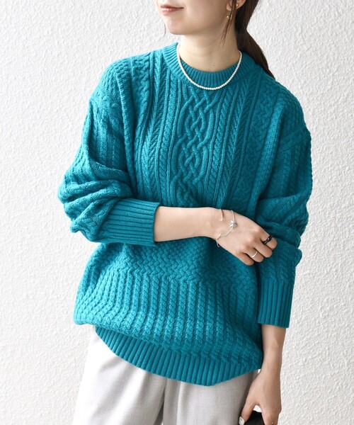 【セール】SHIPS any:〈手洗い可能〉スクエア パネル ケーブル クルーネック ニット（ニット/セーター）｜SHIPS any（シップス エニィ）