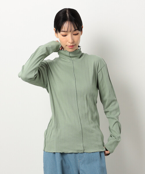 ONIGIRI（オニギリ）の「コットン ランダムリブ　ハイネックＴシャツ（長袖）（Tシャツ/カットソー・レディース・チャコール/イエロー/アイボリー/グリーン・FREE）」の18枚目の写真