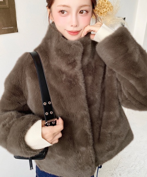 スタンドカラーレオパード柄ファーブルゾン（ブルゾン）｜LOULOU