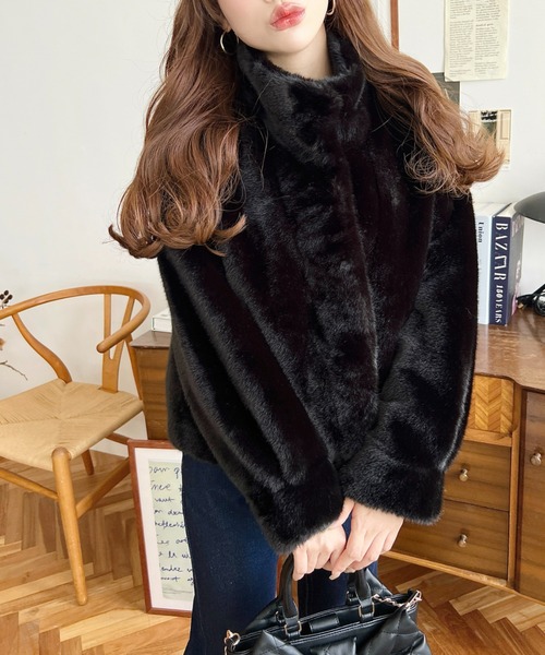 スタンドカラーレオパード柄ファーブルゾン（ブルゾン）｜LOULOU