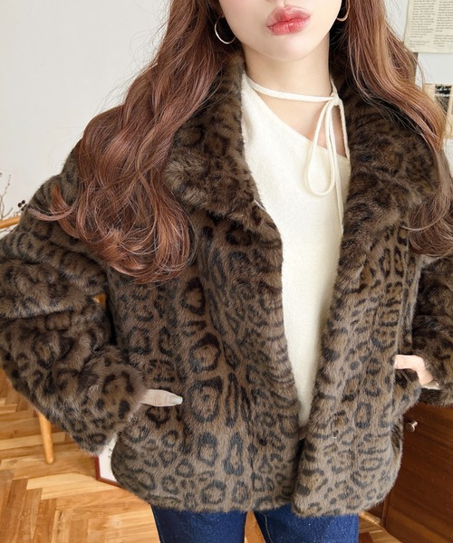 スタンドカラーレオパード柄ファーブルゾン（ブルゾン）｜LOULOU