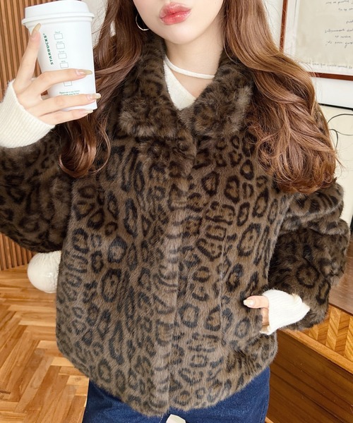セール】スタンドカラーレオパード柄ファーブルゾン（ブルゾン