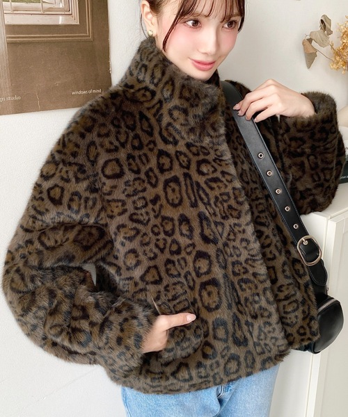 スタンドカラーレオパード柄ファーブルゾン（ブルゾン）｜LOULOU