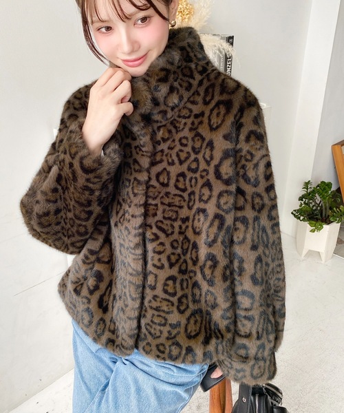 スタンドカラーレオパード柄ファーブルゾン（ブルゾン）｜LOULOU