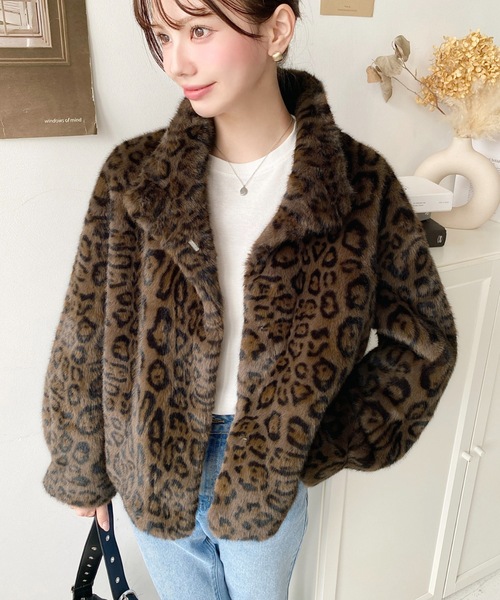スタンドカラーレオパード柄ファーブルゾン（ブルゾン）｜LOULOU
