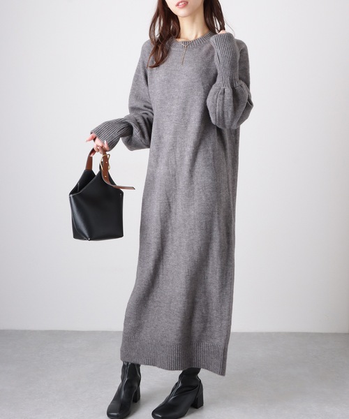 セール】ソリッドカラー フィンガーホール付き マキシ ニット