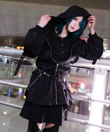 695【美品】axes femme アクシーズファム コート フリル 黒 L セール】ブロッキングフリルコート（ステンカラーコート）｜axes