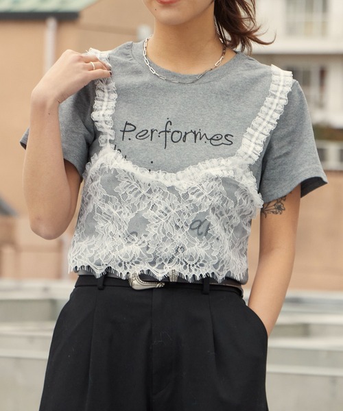 ROOPTOKYO(ループトウキョウ)の「2WAYレースビスチェ Tシャツ 秋物 秋服 2026年秋冬(Tシャツ/カットソー・レディース・ブラック/ホワイト/グレー・FREE)」の1枚目の写真
