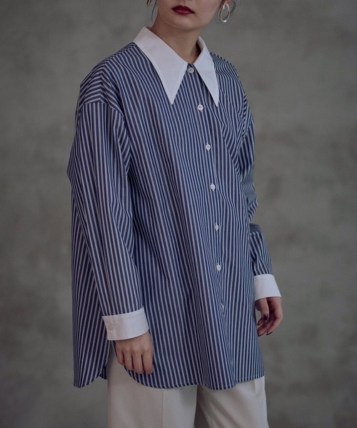 ブラウス シャツ 「マルチストライプ柄」小柄ロングシャツ レディース セール】【マルチストライプ柄】小柄ロングシャツ（シャツ