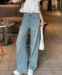 ステッチデザイン ワイドレッグデニム