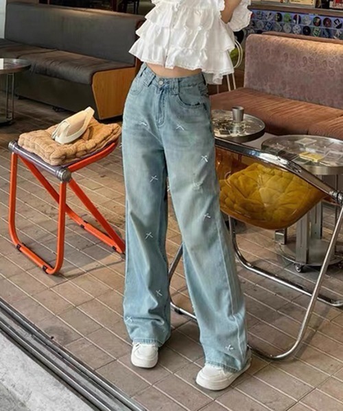 gossip！ロサンゼルス（ゴシップロサンゼルス）の「ステッチデザイン ワイドレッグデニム（デニムパンツ・レディース・ブルー・M/L/S）」の4枚目の写真