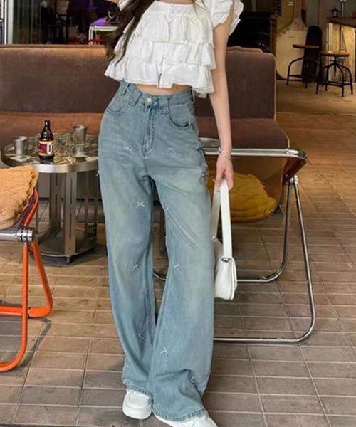 gossip！ロサンゼルス（ゴシップロサンゼルス）の「ステッチデザイン ワイドレッグデニム（デニムパンツ・レディース・ブルー・M/L/S）」の5枚目の写真