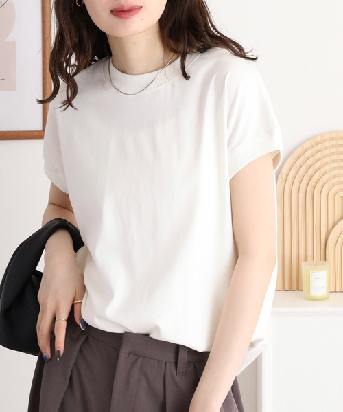 mitis(ミティス)の「mitis プチハイネック フレンチスリーブトップス(Tシャツ/カットソー・レディース・ブルー/オフホワイト/ブラック×ホワイト/モカ/ライトカーキ/ホワイト×ネイビー・M)」の10枚目の写真