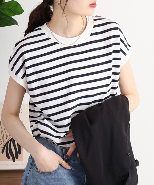mitis(ミティス)の「mitis プチハイネック フレンチスリーブトップス(Tシャツ/カットソー・レディース・ブルー/オフホワイト/ブラック×ホワイト/モカ/ライトカーキ/ホワイト×ネイビー・M)」の16枚目の写真
