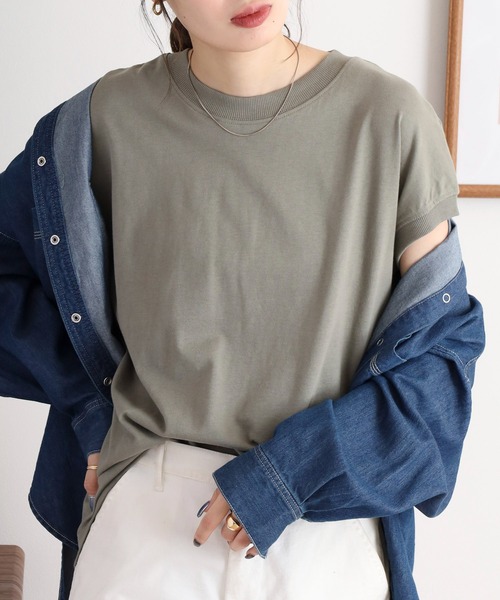 mitis(ミティス)の「mitis プチハイネック フレンチスリーブトップス(Tシャツ/カットソー・レディース・ブルー/オフホワイト/ブラック×ホワイト/モカ/ライトカーキ/ホワイト×ネイビー・M)」の7枚目の写真