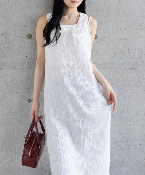 CLEAR BASIC（クリアベーシック）の「楊柳シアーキャミワンピース［カジュアル ロング丈 リボン］≪SS新作≫（ワンピース・レディース・イエロー/ベージュ/オフホワイト/ブラック・F）」の5枚目の写真