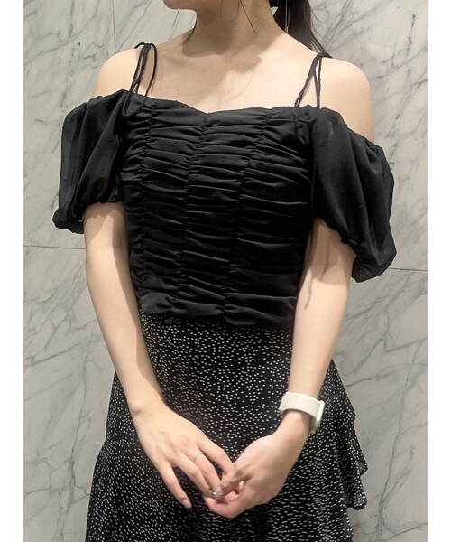 SELFIST(セルフィスト)の「3WAYオフショルギャザーブラウス 夏服 リボン プリント(シャツ/ブラウス・レディース・ピンク/ブラック/アイボリー・フリー)」の3枚目の写真