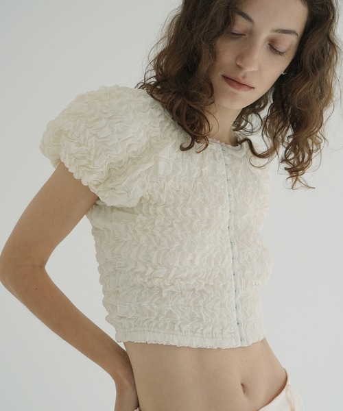 CLANE（クラネ）の「SHIRRING PUFF TOPS（Tシャツ/カットソー・レディース・レッド/アイボリー/ブラック・1/2）」の6枚目の写真