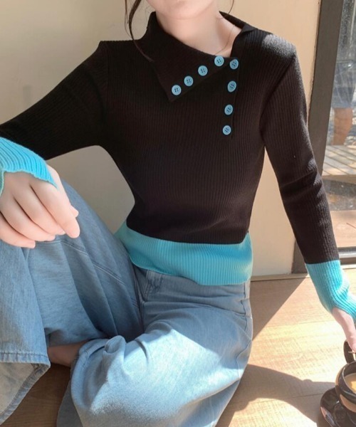 semplice(センプリチェ)の「ボタンディテールカラーブロックニットトップス(ニット/セーター・レディース・ベージュ/ブラック/ネイビー・F)」の9枚目の写真