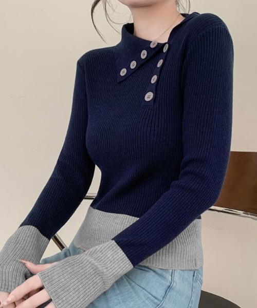 semplice(センプリチェ)の「ボタンディテールカラーブロックニットトップス(ニット/セーター・レディース・ベージュ/ブラック/ネイビー・F)」の16枚目の写真