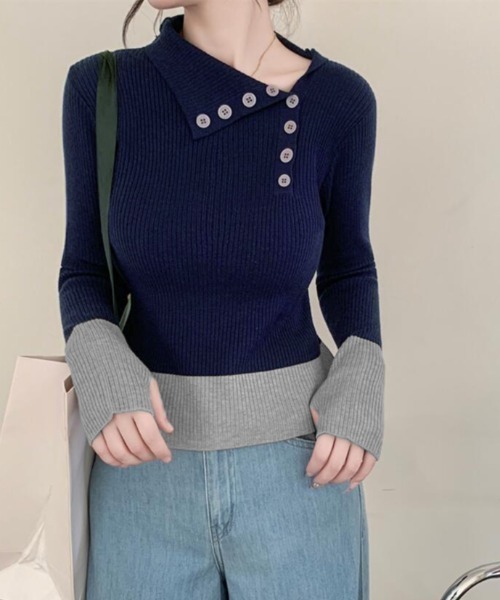 semplice(センプリチェ)の「ボタンディテールカラーブロックニットトップス(ニット/セーター・レディース・ベージュ/ブラック/ネイビー・F)」の15枚目の写真