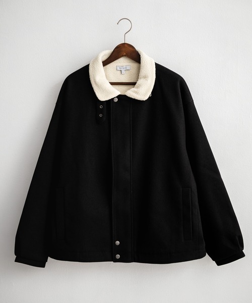 AD2015 ウール丸襟ジャケット ラウンドカラー 黒 ショート 短丈 セール】オーバーサイズ 裏ボアメルトン2WAYショートジャケット/ベルト
