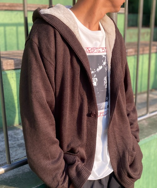 VENCEEXCHANGE（ヴァンスエクスチェンジ）の「裏ボアフリースニットフード付カーディガン（カーディガン/ボレロ・メンズ・ブラック/ブラウン/ベージュ・L/S/M/LL）」の2枚目の写真