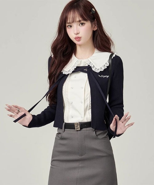 VIBGYOR Women(ヴィブジョー ウィメン)の「【Mayree】フロント 編み上げリボン リブ カーディガン(カーディガン/ボレロ・レディース・ピンク/グレー/ネイビー・MEDIUM/SMALL/LARGE)」の1枚目の写真