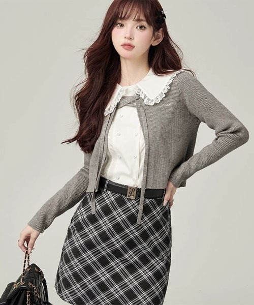VIBGYOR Women(ヴィブジョー ウィメン)の「【Mayree】フロント 編み上げリボン リブ カーディガン(カーディガン/ボレロ・レディース・ピンク/グレー/ネイビー・MEDIUM/SMALL/LARGE)」の3枚目の写真